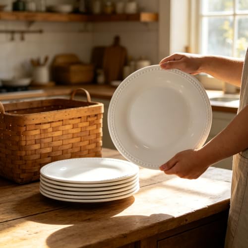 11inch Basic White Melamine Plastic Beaded Dinner Plate Set of 6, BPA Free, Chip & Break Resistant, Lightweight, Great for Dining, Weddings & Everyday Meals